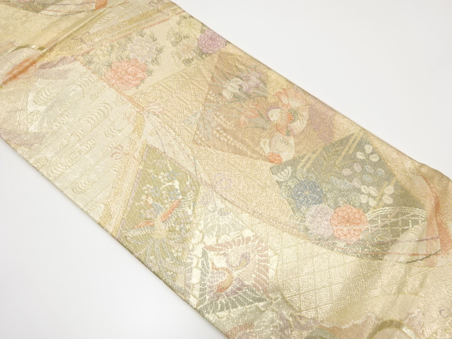 佐賀錦几帳に色紙・花鳥模様織出し袋帯